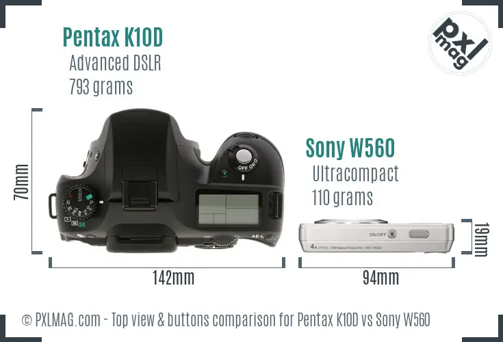 Pentax K10D vs Sony W560 top view buttons comparison