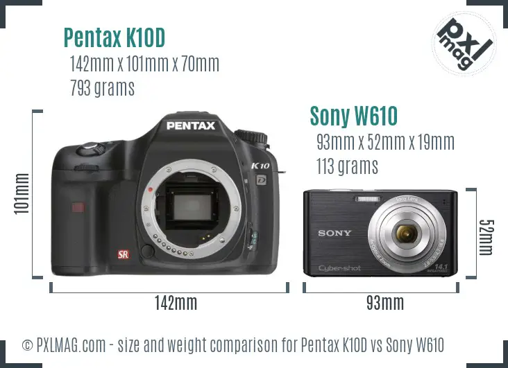 Pentax K10D vs Sony W610 size comparison