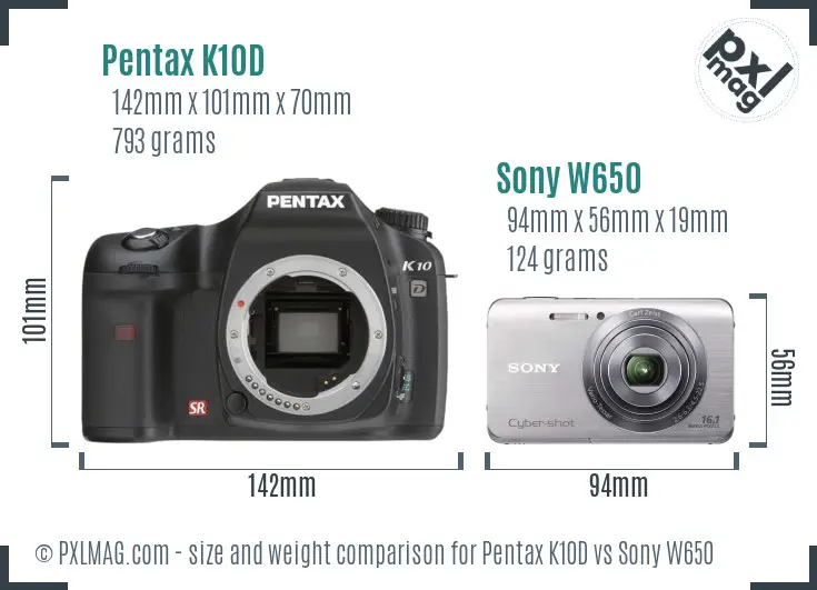Pentax K10D vs Sony W650 size comparison
