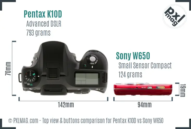Pentax K10D vs Sony W650 top view buttons comparison