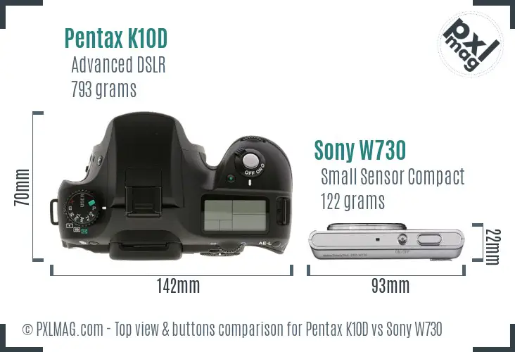 Pentax K10D vs Sony W730 top view buttons comparison Pentax K10D vs Sony W730 top view buttons comparison