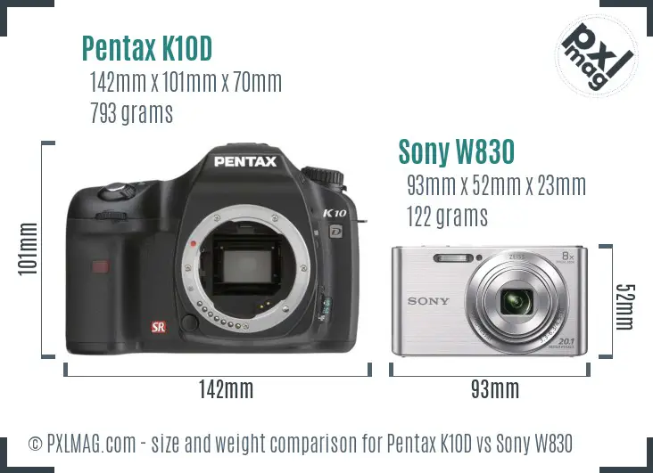 Pentax K10D vs Sony W830 size comparison