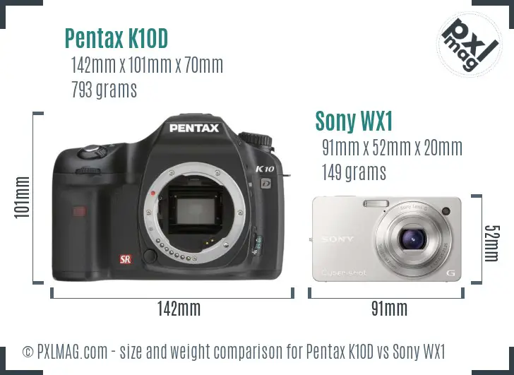 Pentax K10D vs Sony WX1 size comparison