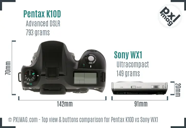 Pentax K10D vs Sony WX1 top view buttons comparison