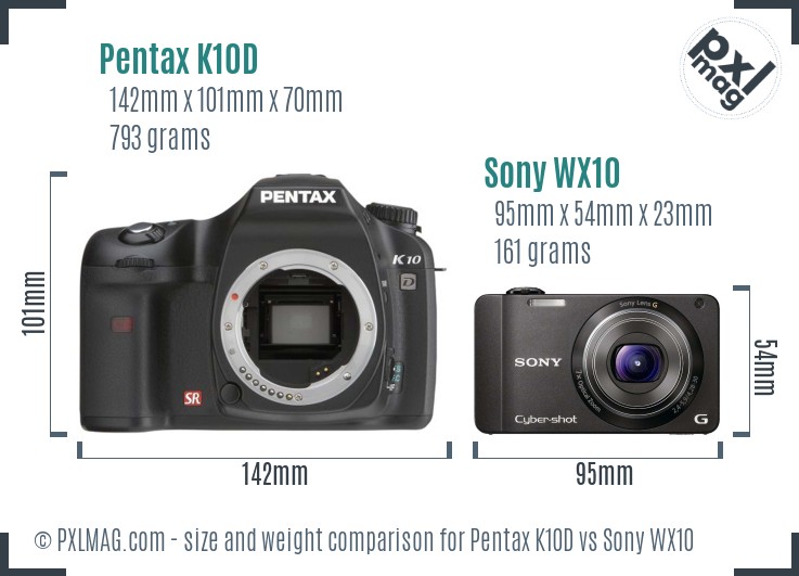 Pentax K10D vs Sony WX10 size comparison