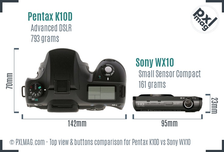 Pentax K10D vs Sony WX10 top view buttons comparison