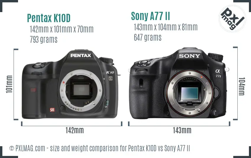 Pentax K10D vs Sony A77 II size comparison