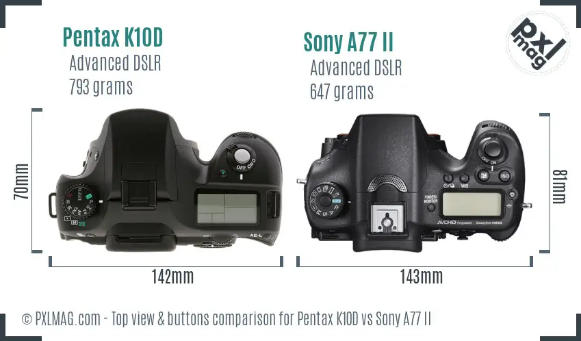 Pentax K10D vs Sony A77 II top view buttons comparison