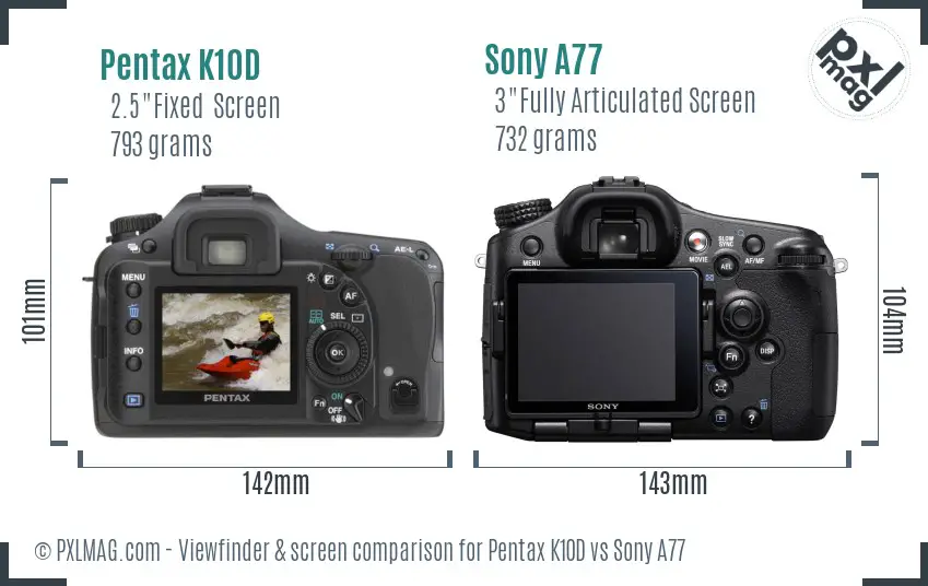 Pentax K10D vs Sony A77 Screen and Viewfinder comparison