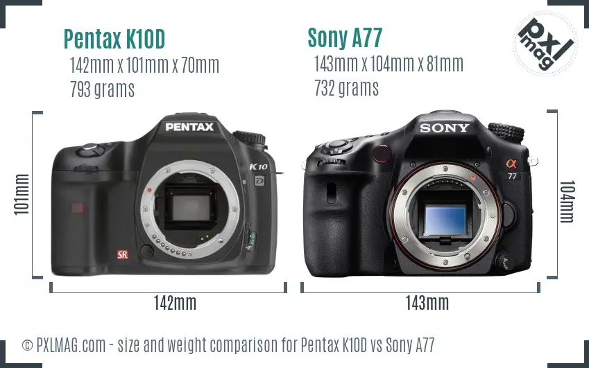 Pentax K10D vs Sony A77 size comparison