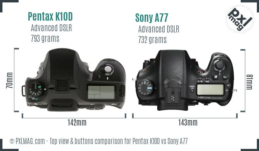 Pentax K10D vs Sony A77 top view buttons comparison