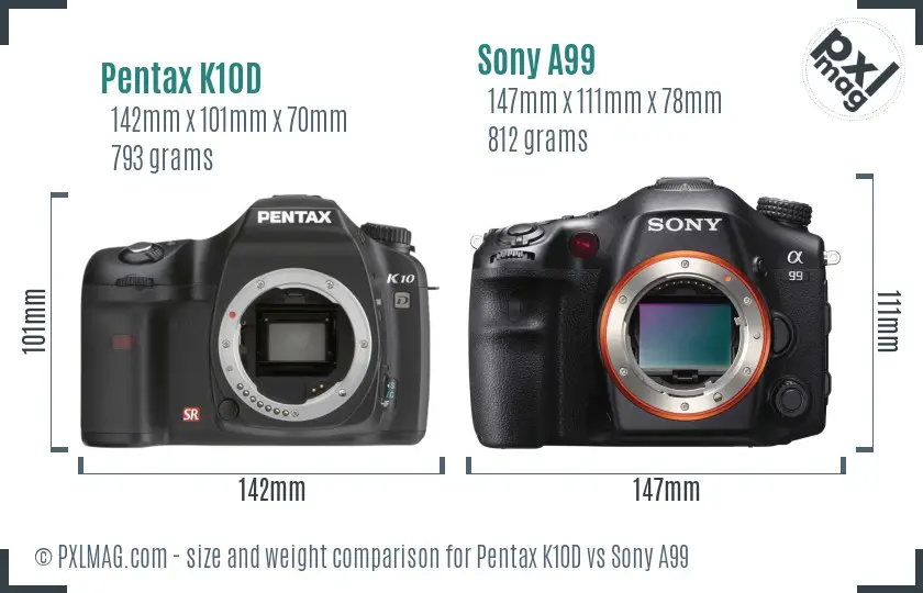 Pentax K10D vs Sony A99 size comparison