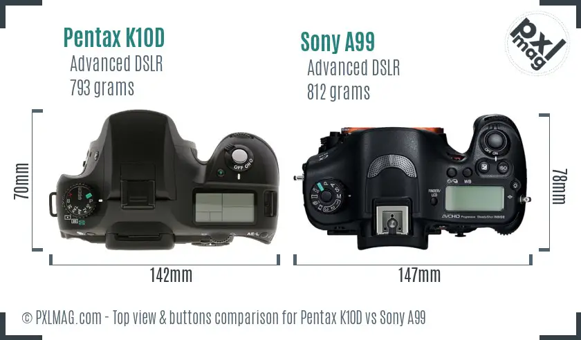 Pentax K10D vs Sony A99 top view buttons comparison