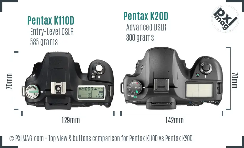 Pentax K110D vs Pentax K20D top view buttons comparison