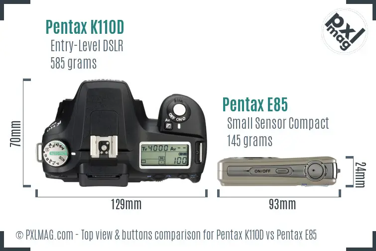 Pentax K110D vs Pentax E85 top view buttons comparison