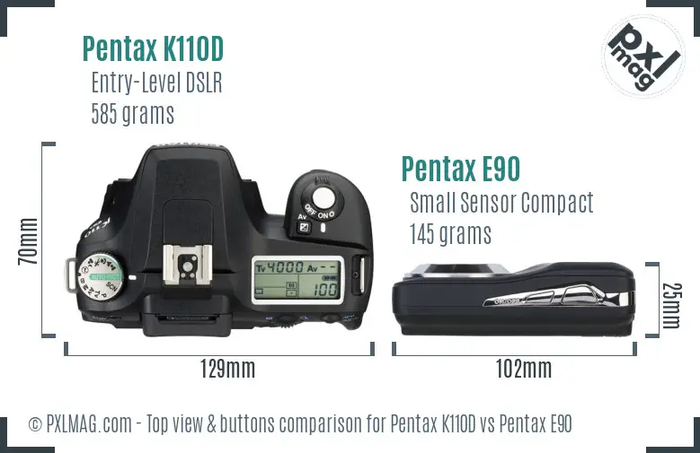 Pentax K110D vs Pentax E90 top view buttons comparison