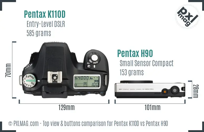 Pentax K110D vs Pentax H90 top view buttons comparison