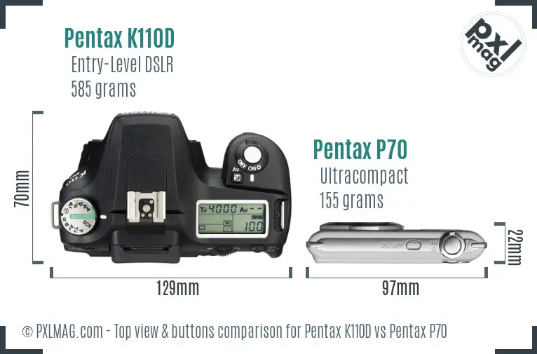 Pentax K110D vs Pentax P70 top view buttons comparison