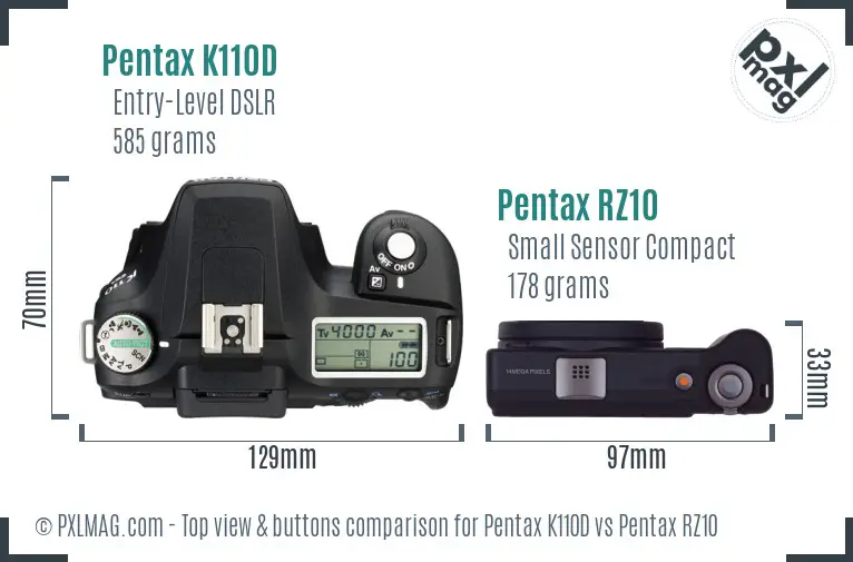Pentax K110D vs Pentax RZ10 top view buttons comparison