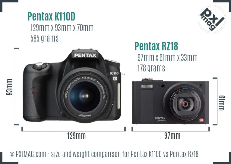 Pentax K110D vs Pentax RZ18 size comparison