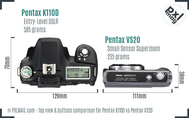 Pentax K110D vs Pentax VS20 top view buttons comparison