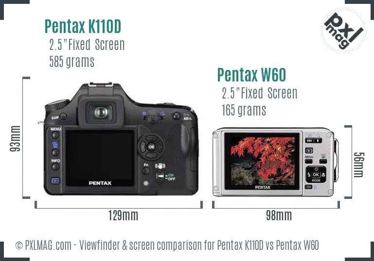 Pentax K110D vs Pentax W60 Screen and Viewfinder comparison