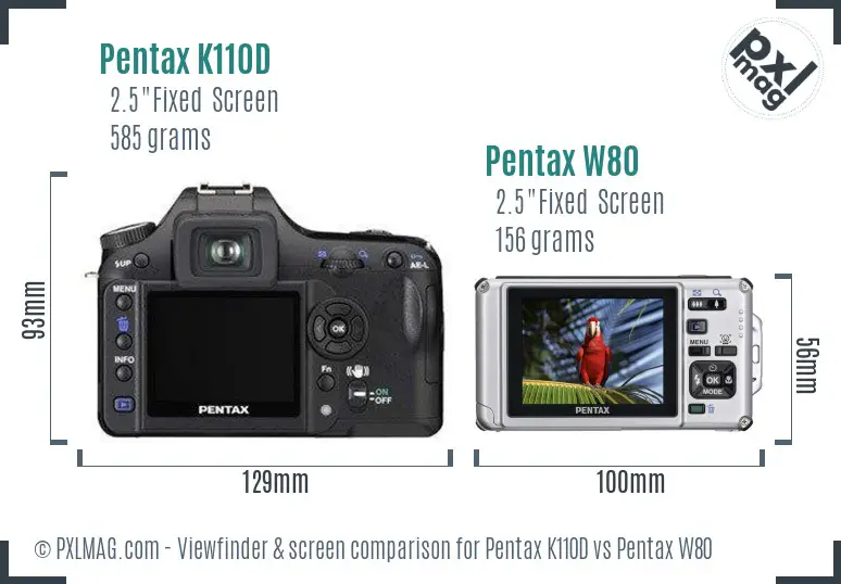 Pentax K110D vs Pentax W80 Screen and Viewfinder comparison