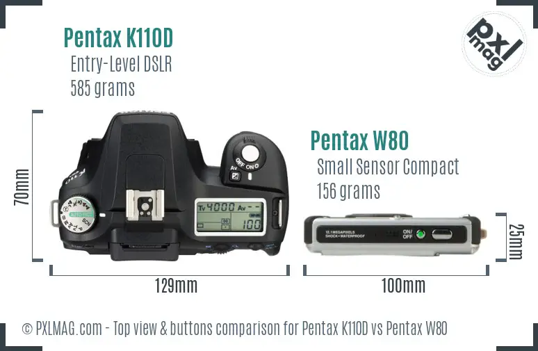 Pentax K110D vs Pentax W80 top view buttons comparison