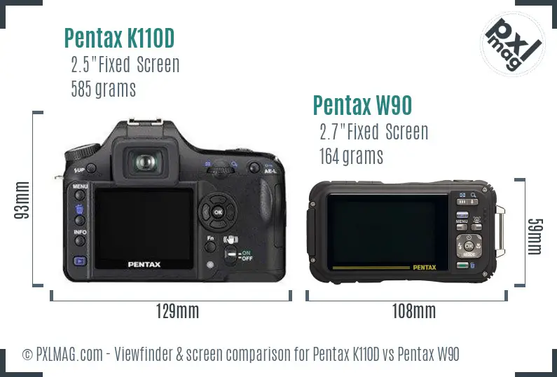 Pentax K110D vs Pentax W90 Screen and Viewfinder comparison