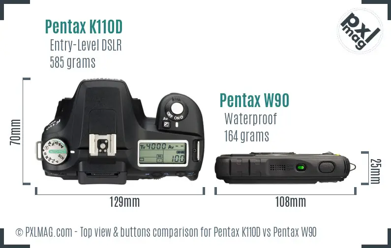 Pentax K110D vs Pentax W90 top view buttons comparison