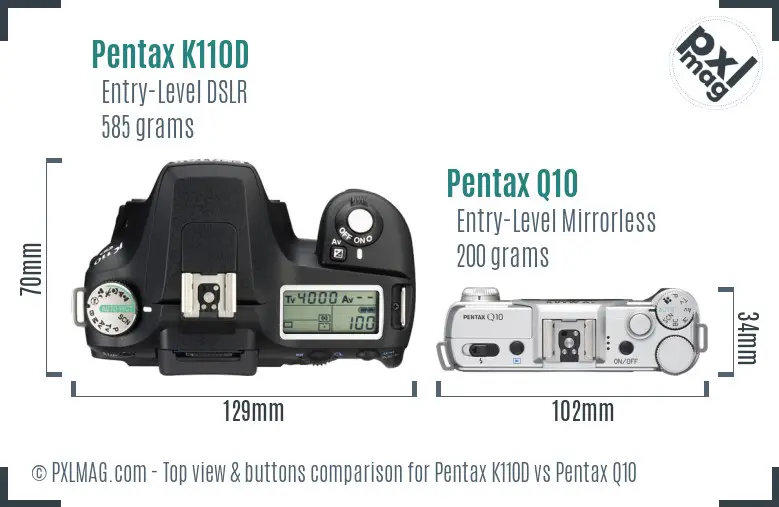 Pentax K110D vs Pentax Q10 top view buttons comparison