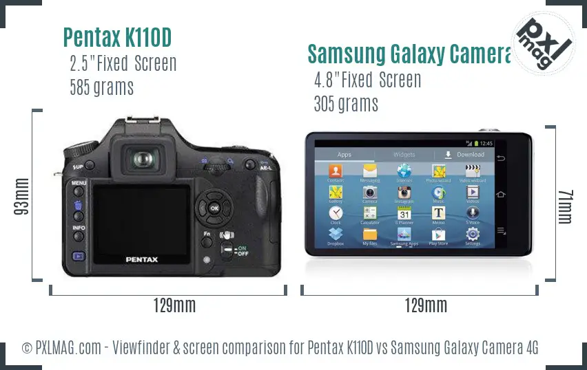 Pentax K110D vs Samsung Galaxy Camera 4G Screen and Viewfinder comparison