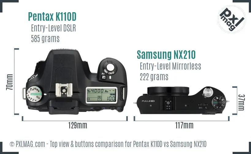 Pentax K110D vs Samsung NX210 top view buttons comparison
