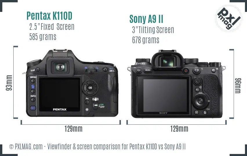 Pentax K110D vs Sony A9 II Screen and Viewfinder comparison