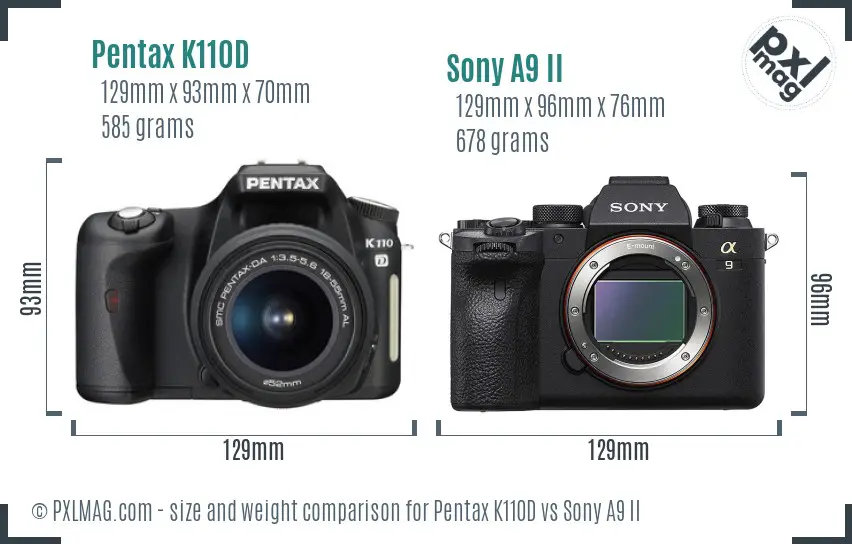Pentax K110D vs Sony A9 II size comparison