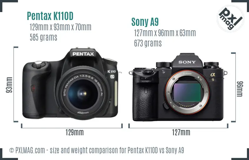 Pentax K110D vs Sony A9 size comparison