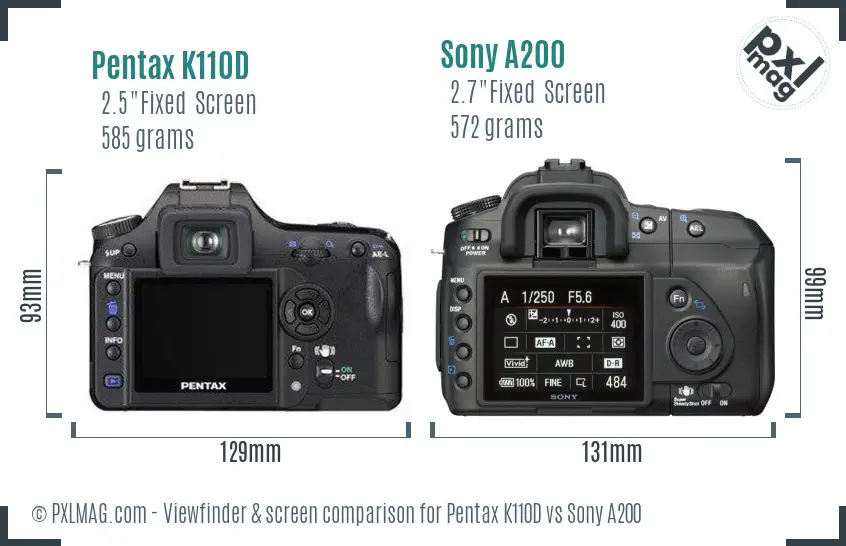 Pentax K110D vs Sony A200 Screen and Viewfinder comparison