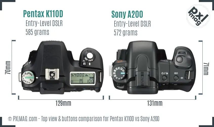 Pentax K110D vs Sony A200 top view buttons comparison
