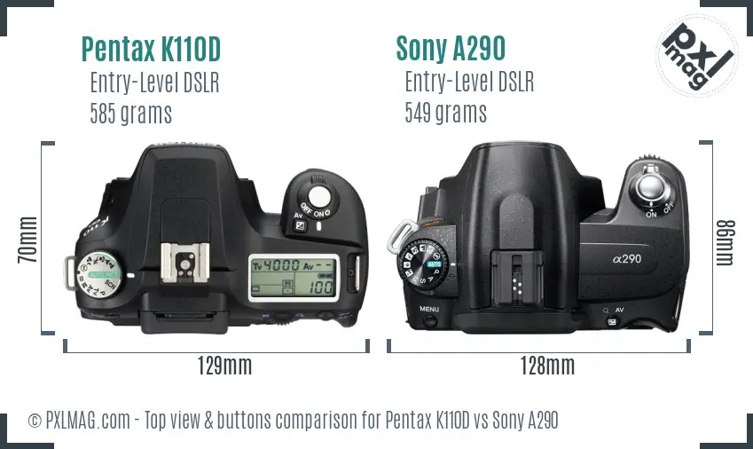 Pentax K110D vs Sony A290 top view buttons comparison