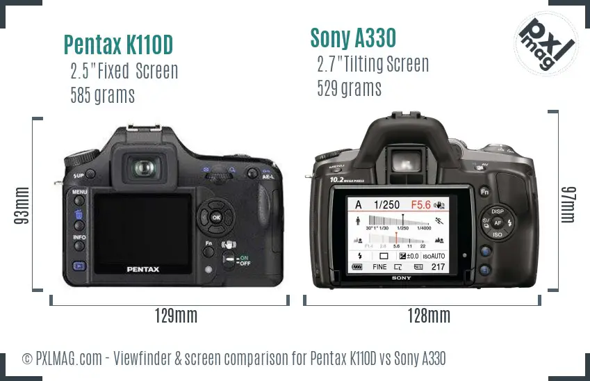 Pentax K110D vs Sony A330 Screen and Viewfinder comparison
