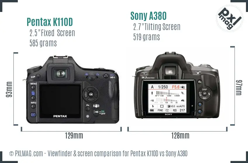 Pentax K110D vs Sony A380 Screen and Viewfinder comparison