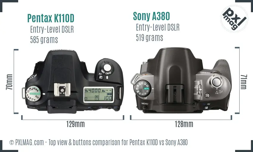 Pentax K110D vs Sony A380 top view buttons comparison