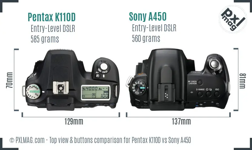 Pentax K110D vs Sony A450 top view buttons comparison