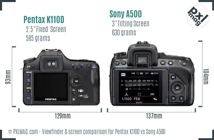 Pentax K110D vs Sony A500 Screen and Viewfinder comparison