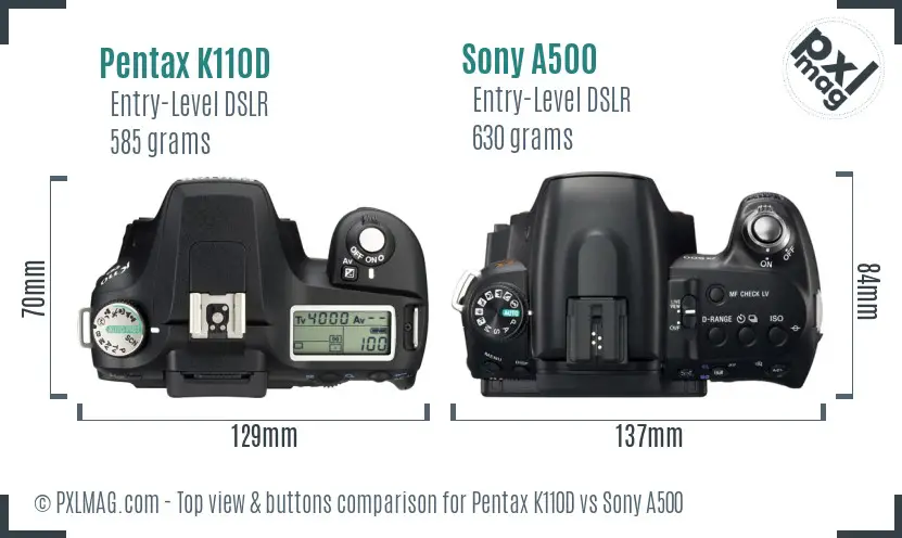 Pentax K110D vs Sony A500 top view buttons comparison