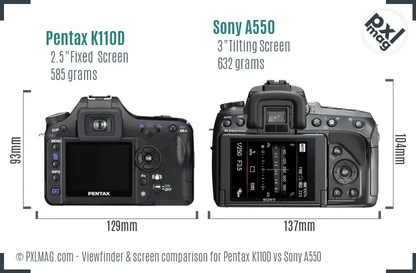 Pentax K110D vs Sony A550 Screen and Viewfinder comparison