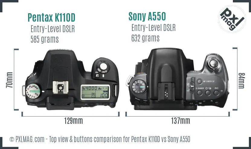 Pentax K110D vs Sony A550 top view buttons comparison