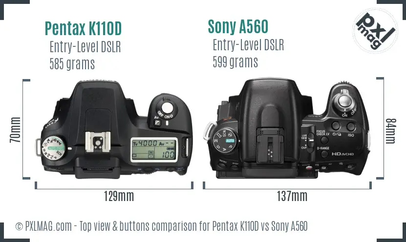 Pentax K110D vs Sony A560 top view buttons comparison