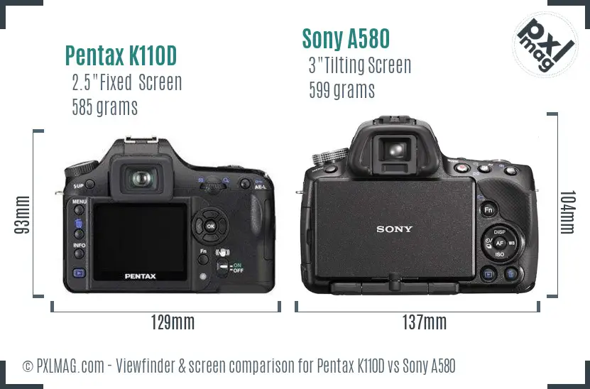 Pentax K110D vs Sony A580 Screen and Viewfinder comparison