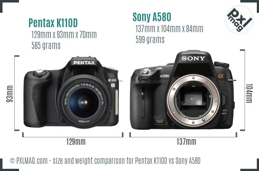 Pentax K110D vs Sony A580 size comparison